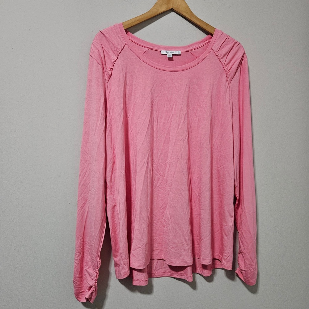 Chicos Pink Long Sleeve Pleated Shoulder Ruched Cuff Top Size 4 XXL Rayon Blend